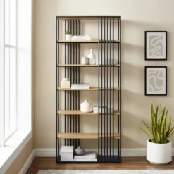 79" Modern 6 Shelf With Metal Bar Bookcase Coastal Oak/Black - Saracina Home -Living Room Furniture Store GUEST 03b6b14d 2b21 499f 860f 2782f5320208