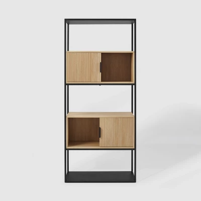 75" Modern Reeded Door Storage Bookshelf Coastal Oak/Black - Saracina Home 2 75" Modern Reeded Door Storage Bookshelf Coastal Oak/Black - Saracina Home - Image 2