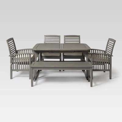 Ravenscroft 6pc Acacia Wood Patio Dining Set With Bench - Gray Wash - Saracina Home 1 Ravenscroft 6pc Acacia Wood Patio Dining Set With Bench - Gray Wash - Saracina Home