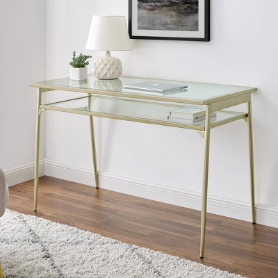 Modern 2 Tier Glass Top Writing Desk With Metal Legs Gold - Saracina Home 2 Modern 2 Tier Glass Top Writing Desk With Metal Legs Gold - Saracina Home - Image 2
