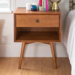 Greenberg 1 Drawer Mid-Century Modern Solid Wood Nightstand - Saracina Home