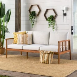 Saracina Home Modern Boho Eucalyptus Outdoor Spindle Sofa With Cushions
