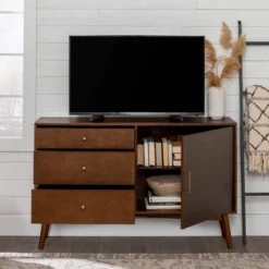 Mid-Century Modern With Closed Storage TV Stand For TVs Up To 58" Walnut - Saracina Home -Living Room Furniture Store GUEST 272c04f3 ea07 453c 9824 8666892ac8d7