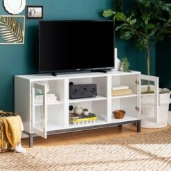 Pierceton Modern Double Glass Door With Metal Legs TV Stand For TVs Up To 58" White - Saracina Home -Living Room Furniture Store GUEST 2c1fd597 52e5 48a8 9e83 a72aa568db78