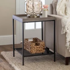 Rosalyn Urban Industrial Glam Square Tray Side Table With Metal Mesh Shelf Gray Wash - Saracina Home