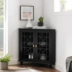 2 Door Corner Accent Cabinet With Fretwork Doors - Saracina Home -Living Room Furniture Store GUEST 33460c8d 731e 484d b65b b46663cb9a4a