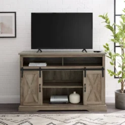 Transitional Sliding Barndoor Highboy TV Stand For TVs Up To 58" - Saracina Home -Living Room Furniture Store GUEST 36bb9b85 ffb1 46e0 b0d8 822e73b5b63d