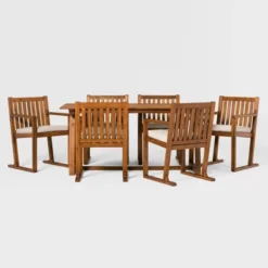 Saracina Home 7pc Modern Slatted Acacia Outdoor Dining Set With Trapezoid Legs -Living Room Furniture Store GUEST 4a9c5be8 f083 42b7 b2bc 555b83314b2e