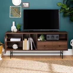 Modern Vinyl Record Player Storage TV Stand For TVs Up To 65" Dark Walnut - Saracina Home -Living Room Furniture Store GUEST 6c93749b 723f 48d5 b9a2 78d4a4813679