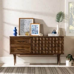 58" Modern Boho Solid Pine Wood Closed Storage Sideboard Brown - Saracina Home -Living Room Furniture Store GUEST 6fc518f2 7d29 4514 bcef 8e238c410e73