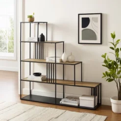 55.5" Modern 4 Shelf With Metal Bar Room Divider Bookcase Coastal Oak/Black - Saracina Home