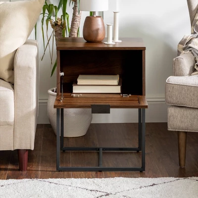 Visconti Boho Slat Pull Down Door Side Table Dark Walnut - Saracina Home 9 Visconti Boho Slat Pull Down Door Side Table Dark Walnut - Saracina Home - Image 9