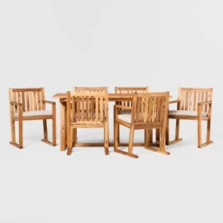 Saracina Home 7pc Modern Slatted Acacia Outdoor Dining Set With Trapezoid Legs -Living Room Furniture Store GUEST 9889baa9 16cd 49e5 96b0 15f22df1dab4