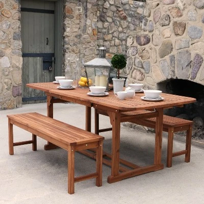 Ravenscroft 3pc Modern Boho Acacia Wood Slat Top Outdoor Dining Set - Saracina Home 1 Ravenscroft 3pc Modern Boho Acacia Wood Slat Top Outdoor Dining Set - Saracina Home