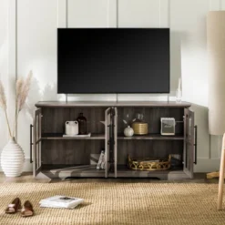 Avalene Modern Farmhouse 4 Door Glass Window Pane TV Stand For TVs Up To 65" - Saracina Home -Living Room Furniture Store GUEST b77f57f2 2470 40f8 bfe9 8dc0943c5dfc