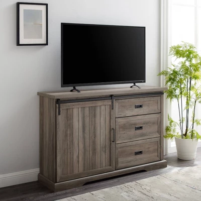 Orson Farmhouse Sliding Grooved Door Sideboard With 3 Drawers Gray Wash - Saracina Home 2 Orson Farmhouse Sliding Grooved Door Sideboard With 3 Drawers Gray Wash - Saracina Home - Image 2