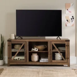 Clarabelle Transitional Glass Barn Door TV Stand For TVs Up To 65" - Saracina Home -Living Room Furniture Store GUEST c23d4c35 3bb3 41b9 bb06 7cceb76937e5