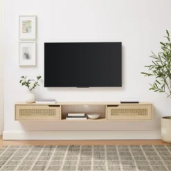Modern Boho Floating TV Stand For TVs Up To 80" With Rattan Doors Coastal Oak - Saracina Home -Living Room Furniture Store GUEST cdeb4d3e c8db 482f bceb 3f6259779594