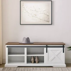 48" Transitional Sliding Barn Door Wood Bench White/Rustic Oak - Saracina Home -Living Room Furniture Store GUEST e41a4a30 a485 4b73 8d3c 341bfba78996